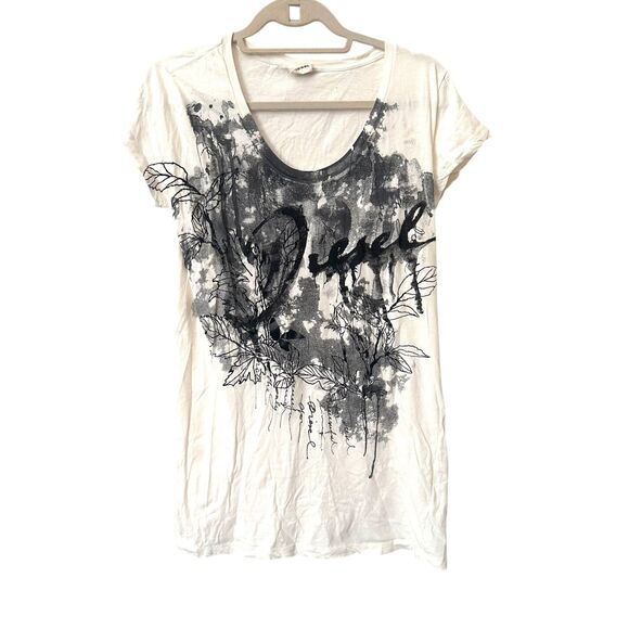DIESEL Graphic Scoop Neck Tee White Black Large - Picture 2 of 5